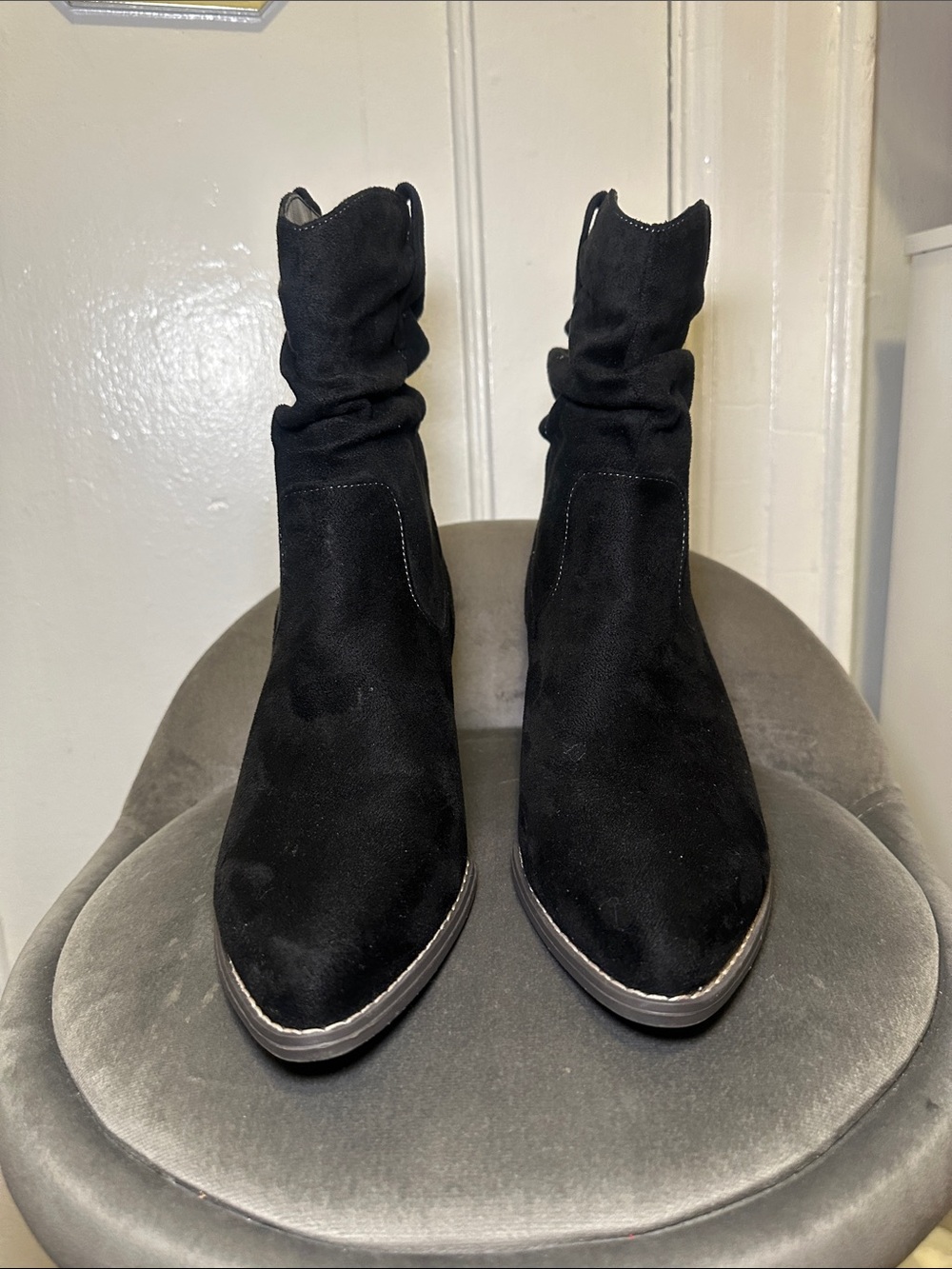 Women's Black Suede Ankle Booties with Stacked Heel